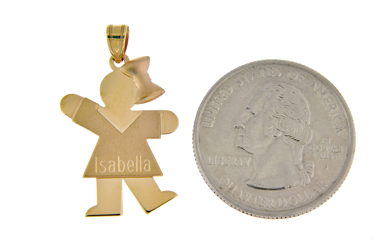 14k yellow gold girl with bow pendant charm personalized engraved monogram