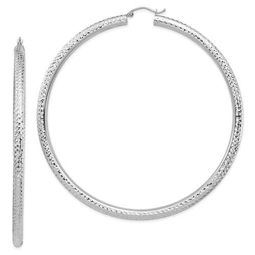 14k white gold extra large sparkle diamond cut classic round hoop earrings 79mm x 4mm