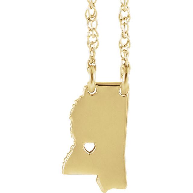 14k Gold 10k Gold Silver Mississippi MS State Map Necklace Heart Personalized City