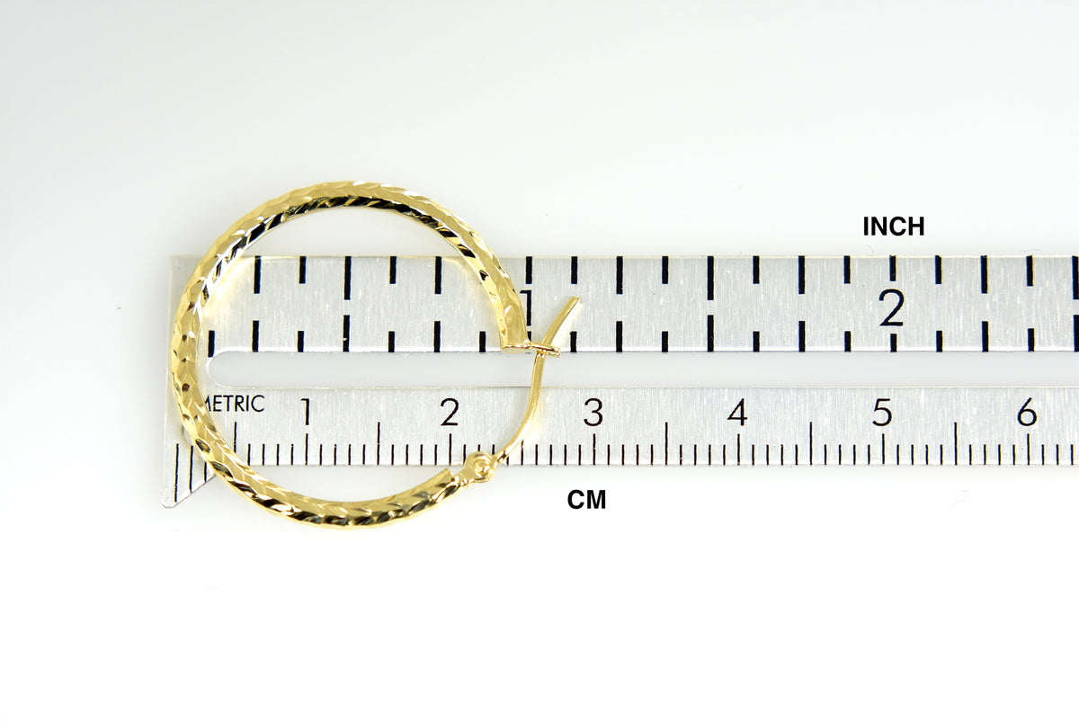 14k yellow gold diamond cut classic round hoop earrings 25mm x 2mm