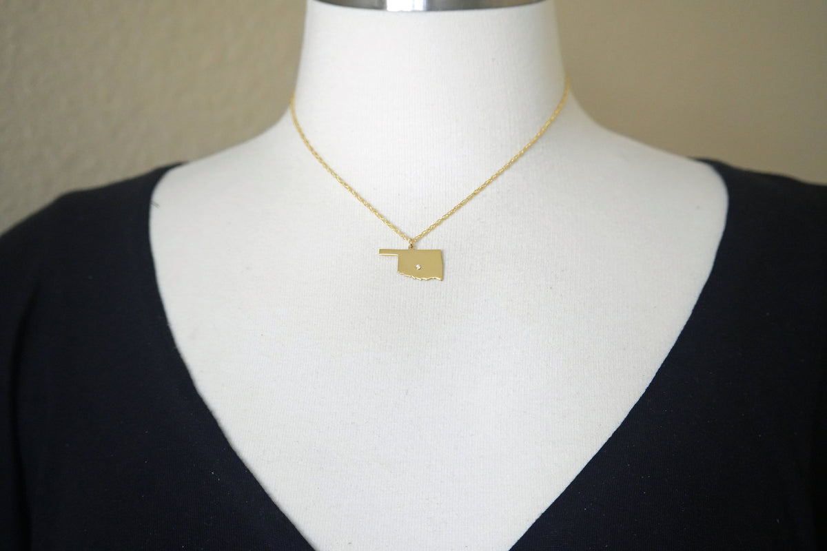 14k 10k yellow rose white gold diamond silver oklahoma ok state map personalized city necklace