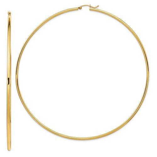 14K Yellow Gold Extra Large Diameter 100mm x 2mm Classic Round Hoop Earrings 3.93 inches Giant Super Size Wide