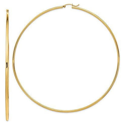 14k yellow gold extra large diameter 100mm x 2mm classic round hoop earrings 3.93 inches giant super size wide