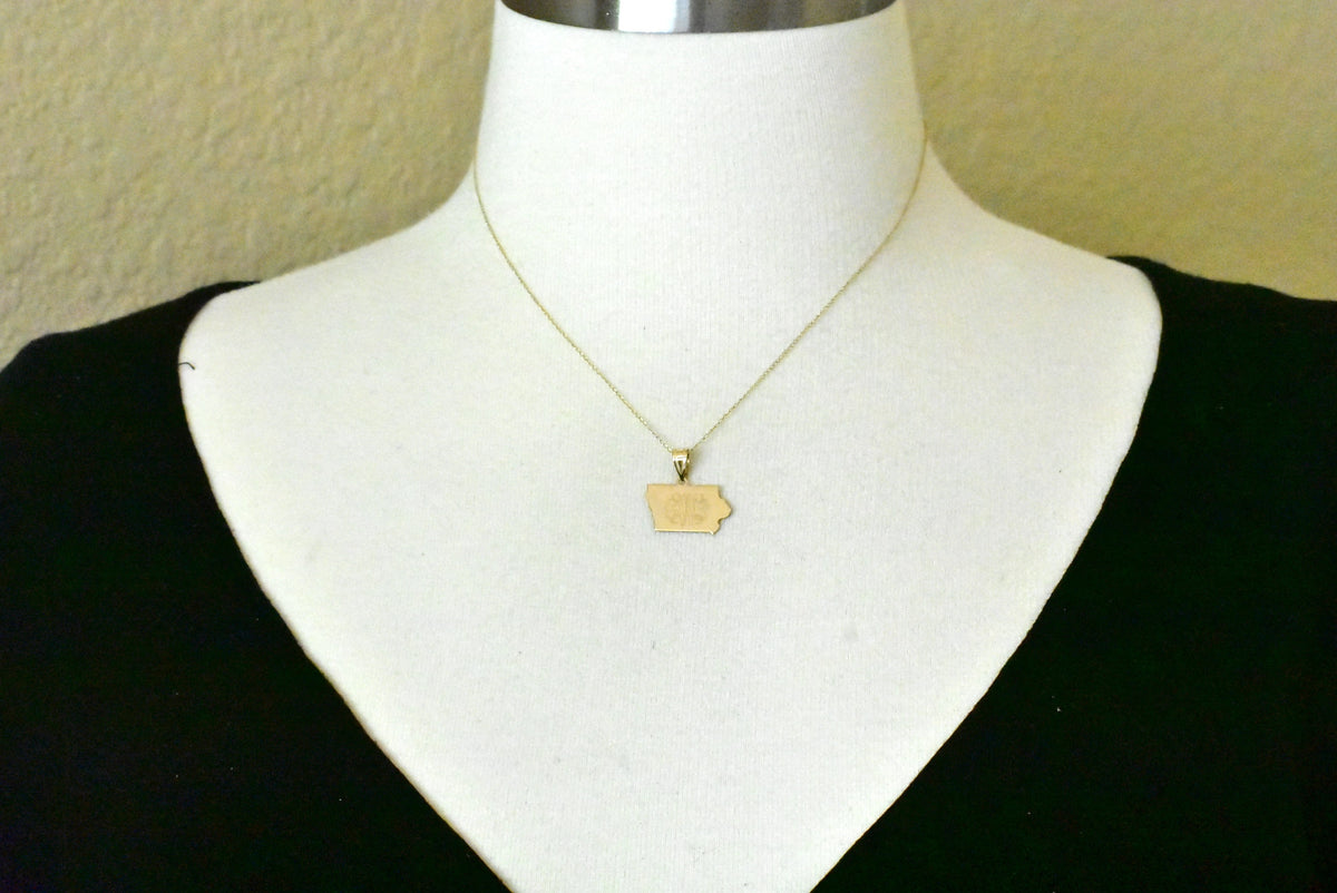 14k gold or sterling silver iowa ia state map pendant charm personalized monogram