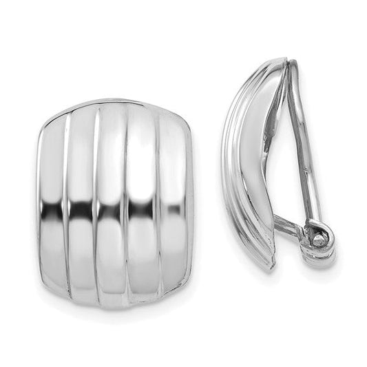 14k white gold non pierced clip on huggie j hoop ribbed earrings