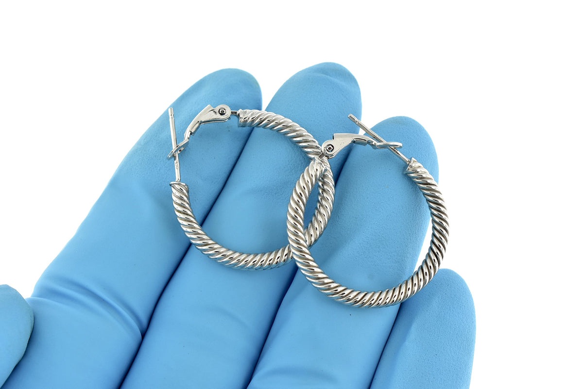 14k white gold twisted round omega back hoop earrings 25mm x 3mm