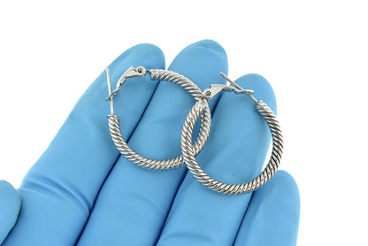 14k white gold twisted round omega back hoop earrings 25mm x 3mm