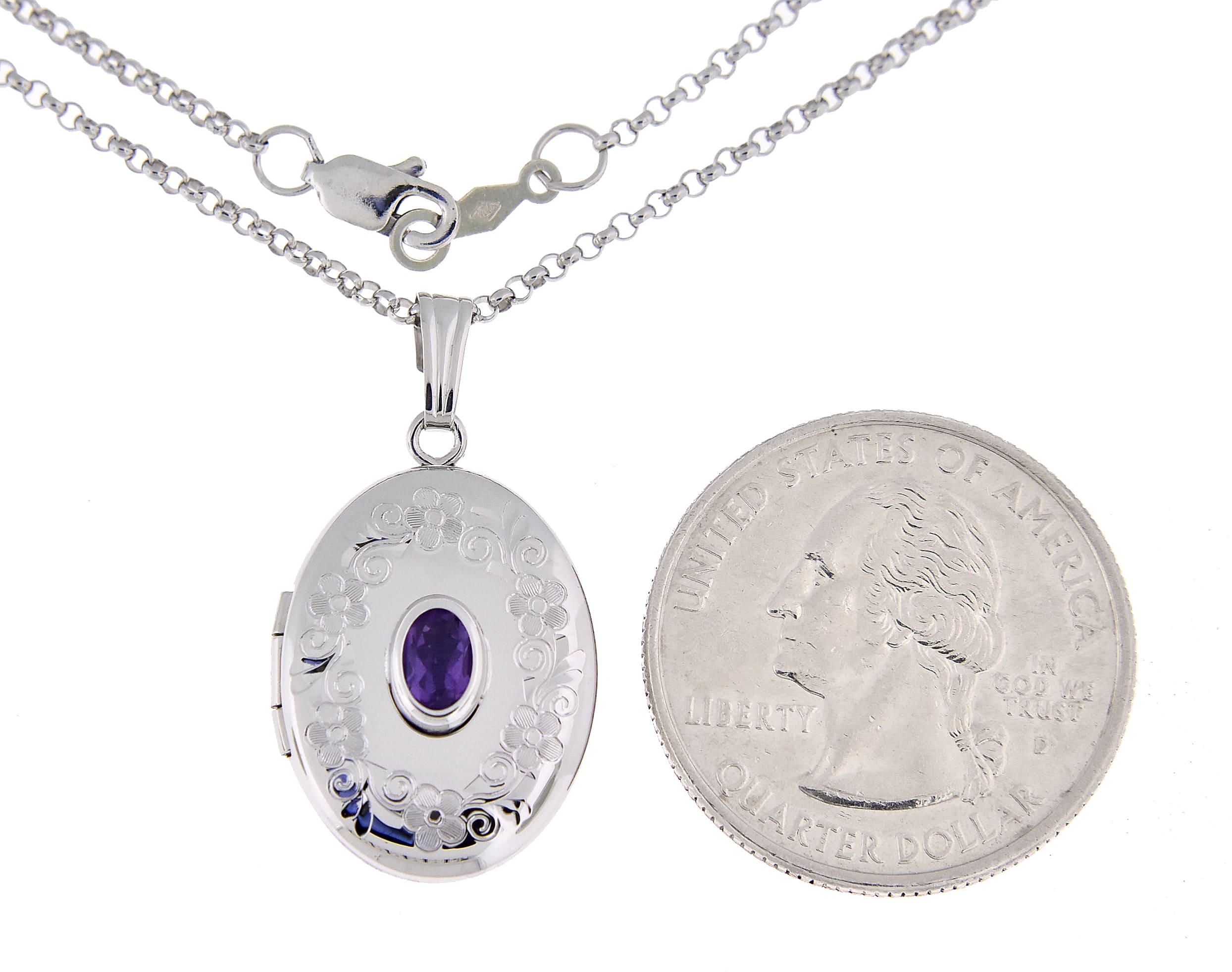 Sterling Silver Genuine Amethyst Oval Locket Necklace February  Birthstone Personalized Engraved Monogram