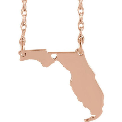 14k gold 10k gold silver florida fl state map necklace heart personalized city