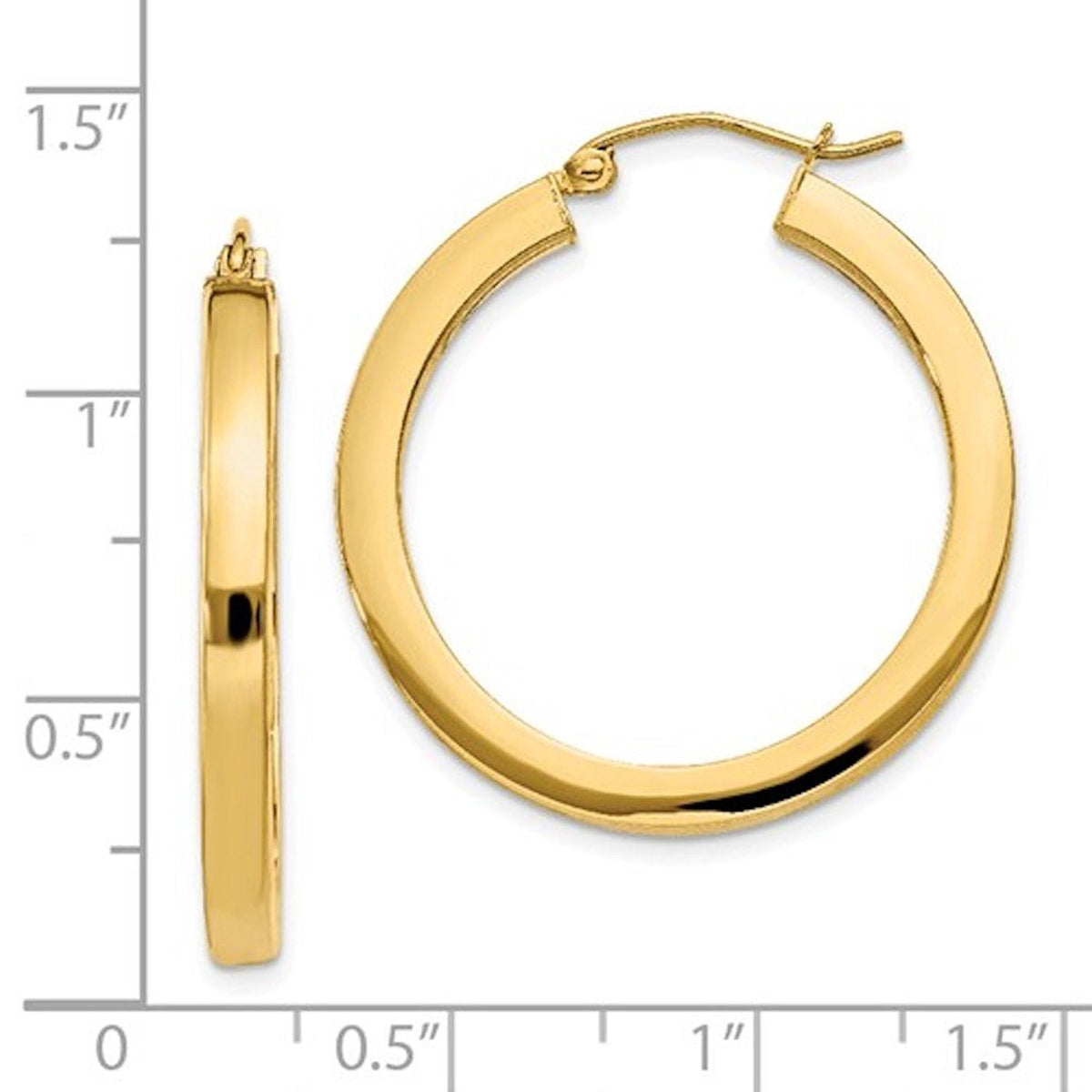 14k yellow gold square tube round hoop earrings 30mm x 3mm