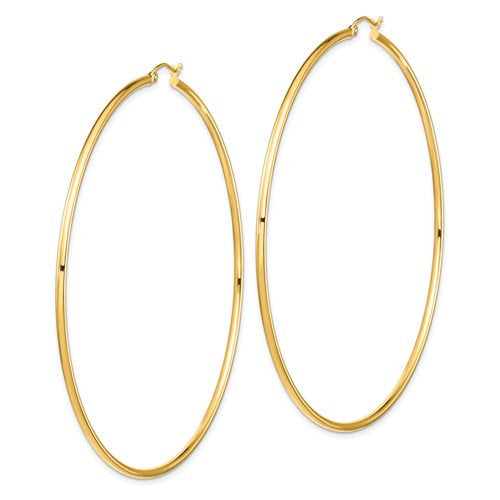 14k yellow gold extra large diameter 80mm x 2mm classic round hoop earrings 3.15 inches giant size super wide