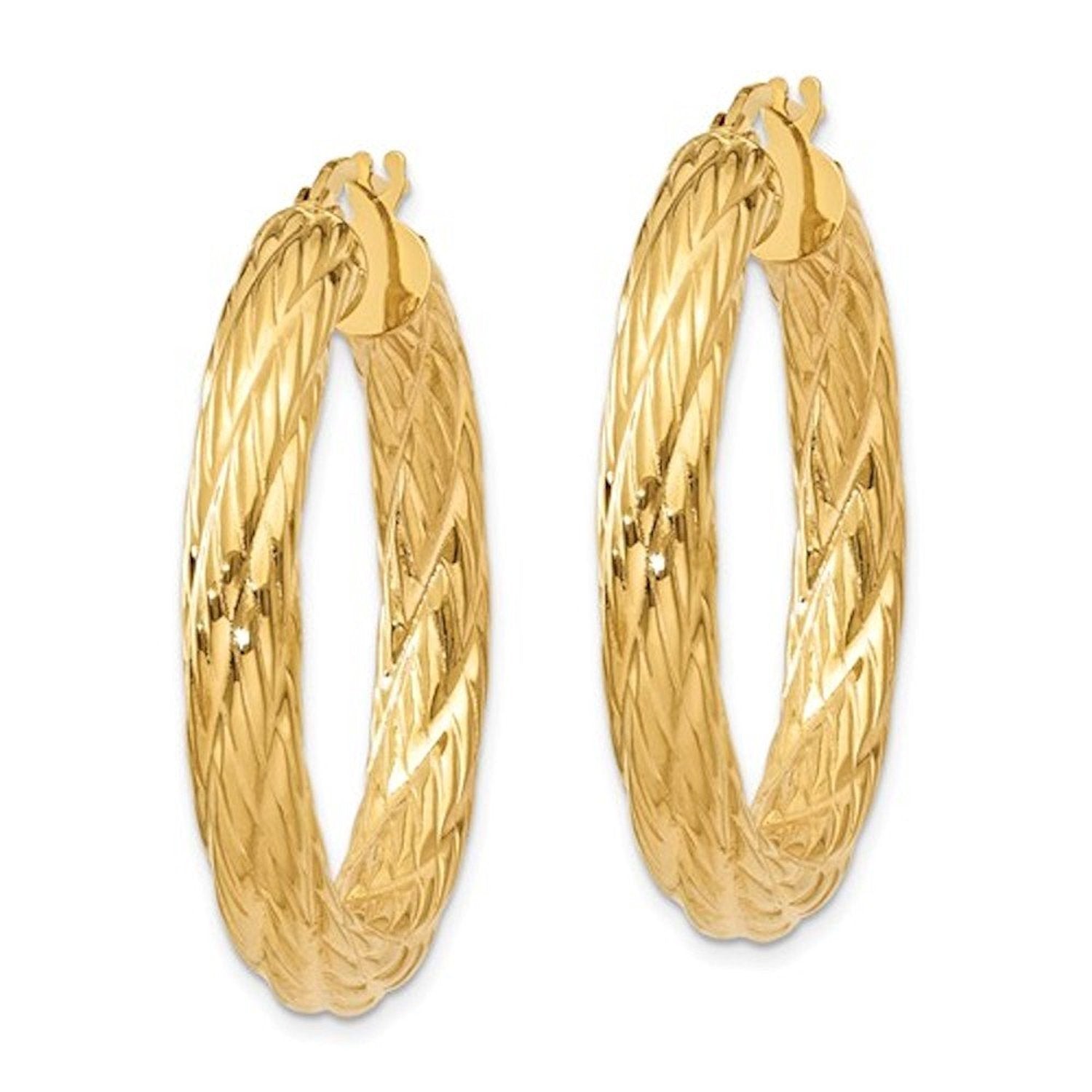 14K Yellow Gold Textured Round Hoop Earrings 33mm x 4.5mm