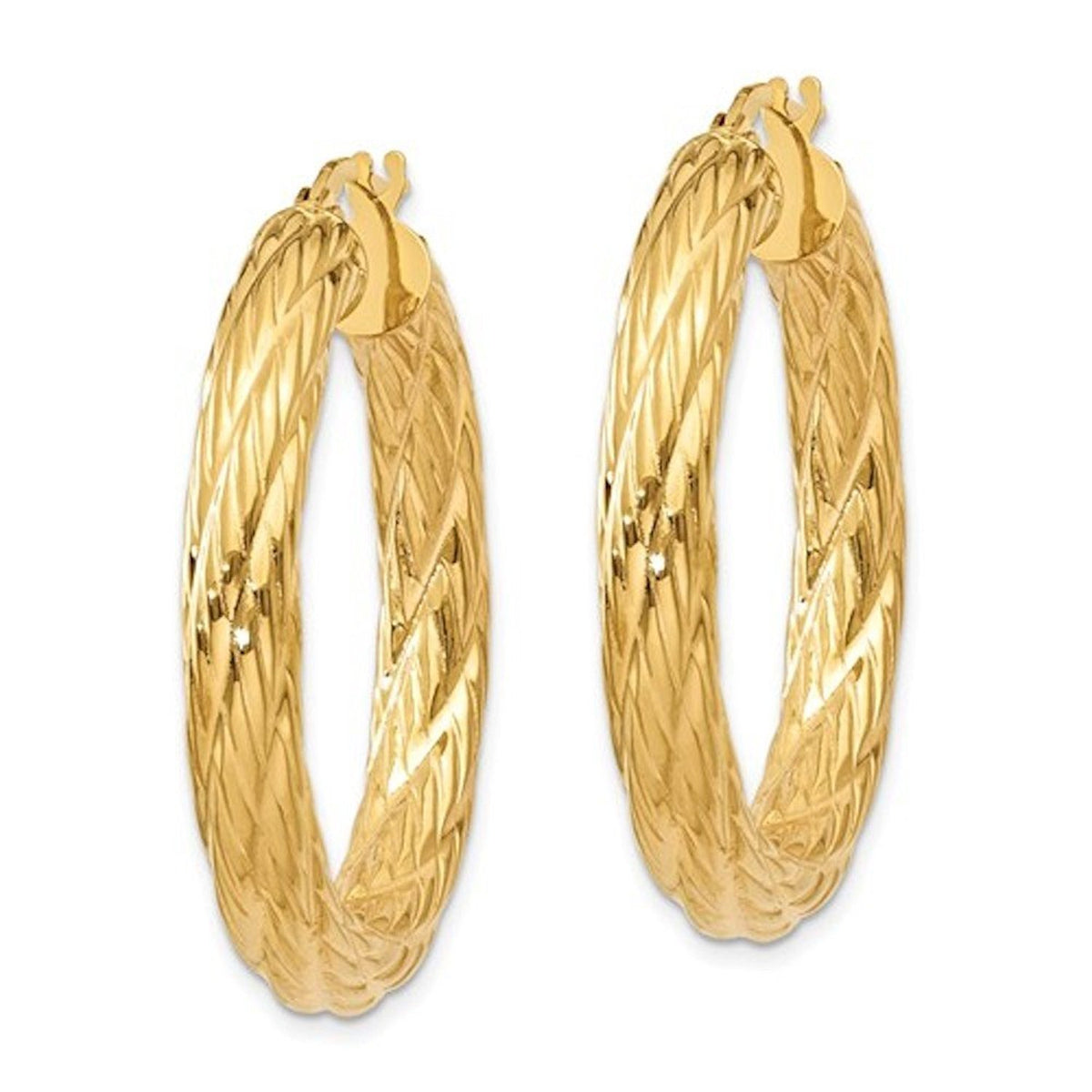 14k yellow gold textured round hoop earrings 33mm x 4.5mm