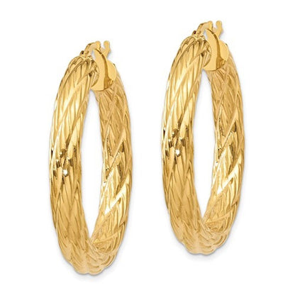 14k yellow gold textured round hoop earrings 33mm x 4.5mm