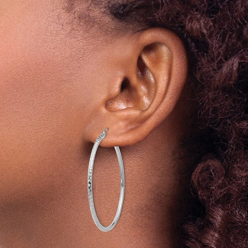 14k White Gold Diamond Cut Round Hoop Earrings 44mm x 2mm
