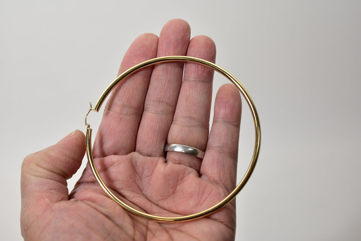 14k yellow gold 3.5 inch diameter extra large giant gigantic round classic hoop earrings 89mm x 3mm