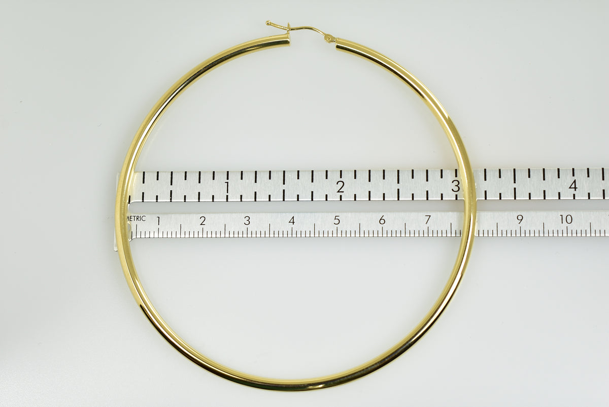 14k yellow gold 3 inch diameter extra large giant gigantic round classic hoop earrings lightweight 78mm x 3mm