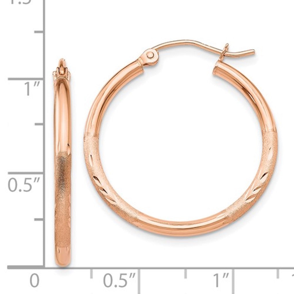 14K Rose Gold Diamond Cut Classic Round Textured Satin Hoop Earrings 25mm x 2mm