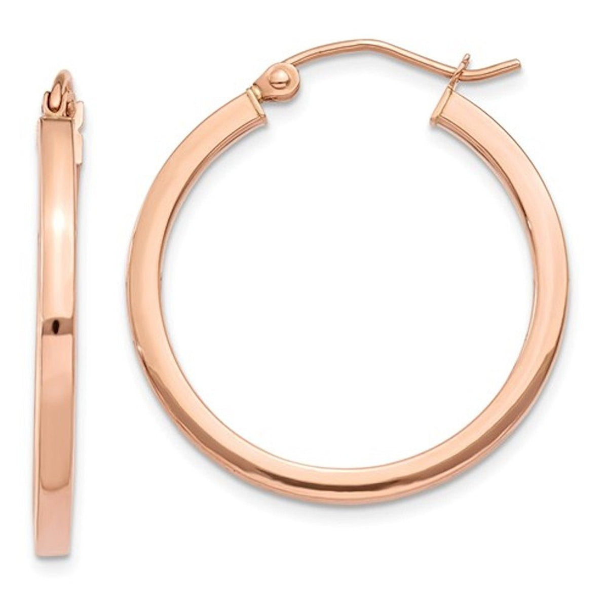 14k rose gold classic square tube round hoop earrings 25mm x 2mm