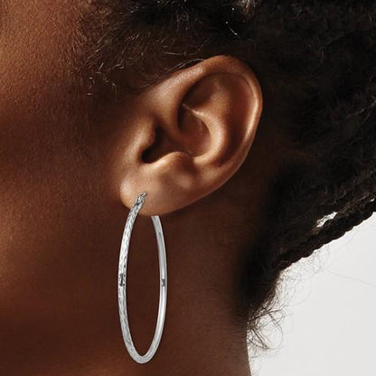 sterling silver rhodium plated diamond cut classic round hoop earrings 45mm x 2mm