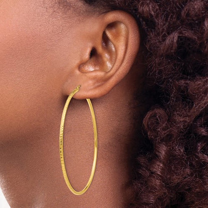14k yellow gold diamond cut classic round hoop earrings 65mm x 2mm