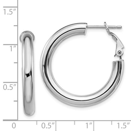 14k white gold round omega back hoop earrings 28mm x 4mm