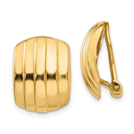 14k yellow gold non pierced clip on huggie j hoop ribbed earrings