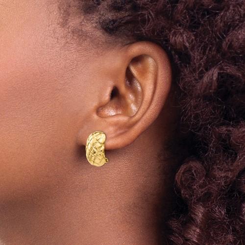 14k yellow gold non pierced clip on omega back quilted textured earrings