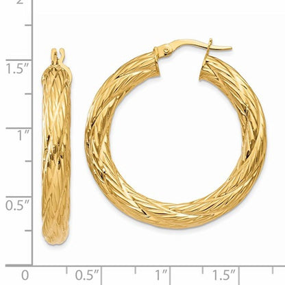 14k yellow gold textured round hoop earrings 33mm x 4.5mm