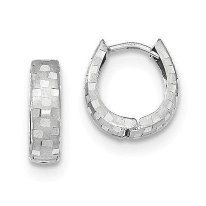 14k white gold diamond cut patterned classic hinged hoop huggie earrings