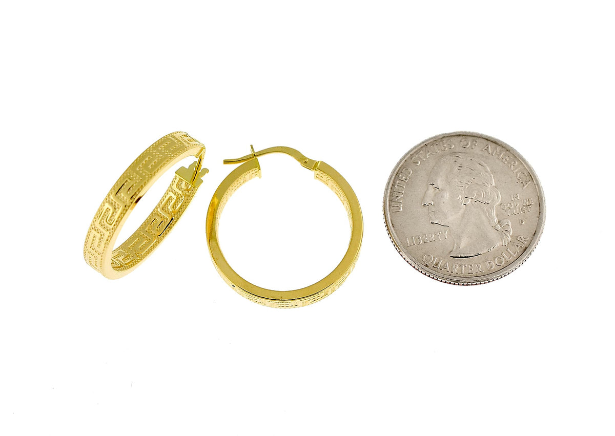 14k yellow gold greek key square tube round hoop earrings