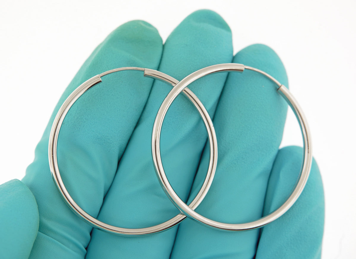 14k white gold round endless hoop earrings 34mm x 2mm