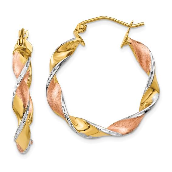 14k gold tri color twisted round hoop earrings