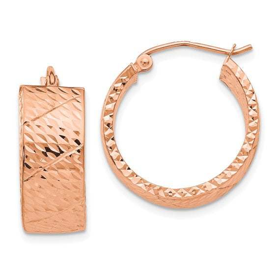 14k rose gold diamond cut modern contemporary round hoop earrings