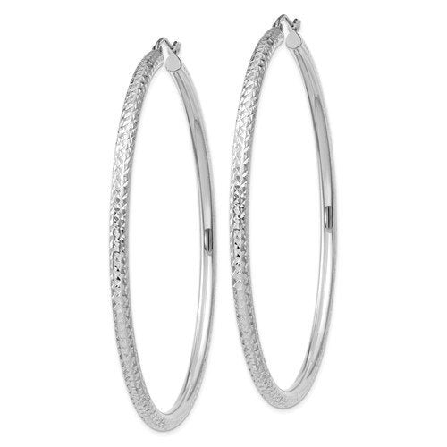 14k white gold 2.56 inch diameter large diamond cut round classic hoop earrings 65mm x 3mm