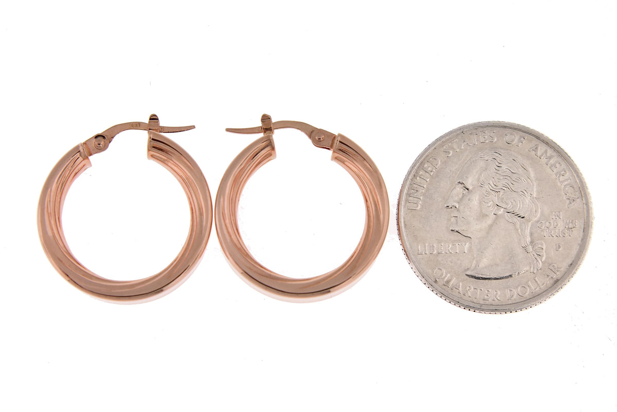 14k rose gold round square tube textured inside diamond cut hoop earrings 21mm x 5.5mm