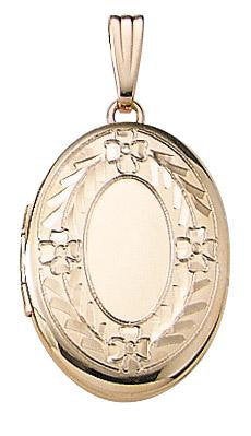 14K Yellow Gold 22mm x 17mm  Floral Border Oval Photo Locket Pendant Charm Engraved Personalized Monogram