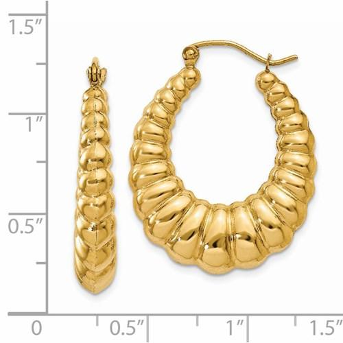 10k yellow gold shrimp scalloped twisted classic hoop earrings 30mm x 23mm