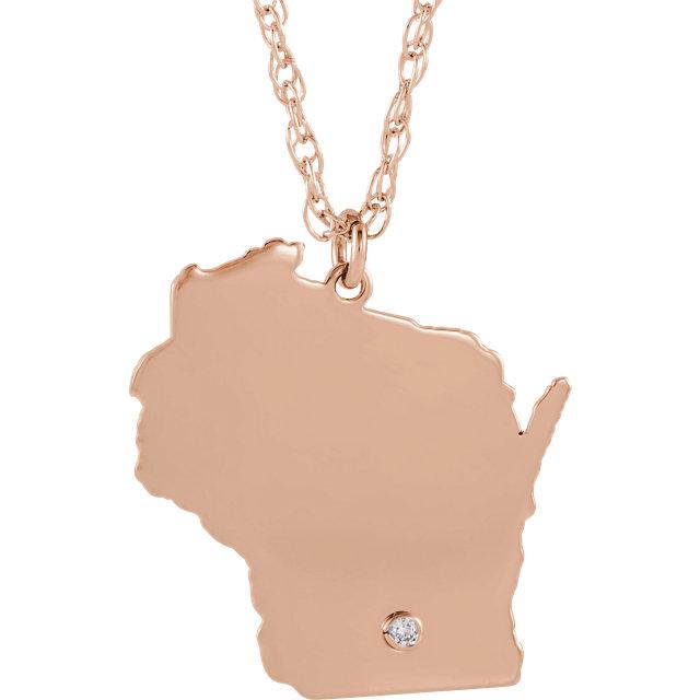 14k 10k yellow rose white gold diamond silver wisconsin wi state map personalized city necklace