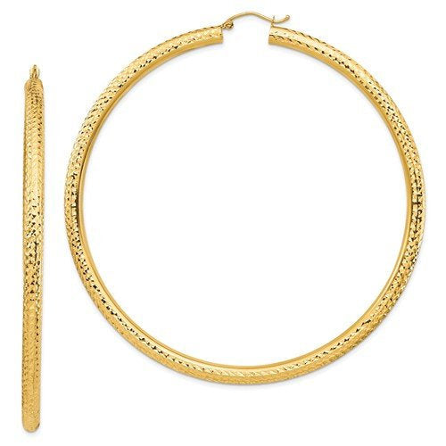 14K Yellow Gold Extra Large Sparkle Diamond Cut Classic Round Hoop Earrings 79mm x 4mm