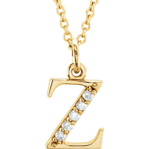 14K Yellow Rose White Gold .025 CTW Diamond Tiny Petite Lowercase Letter Z Initial Alphabet Pendant Charm Necklace