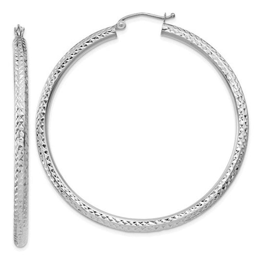 14k white gold 1.93 inch diameter large diamond cut round classic hoop earrings 49mm x 3mm