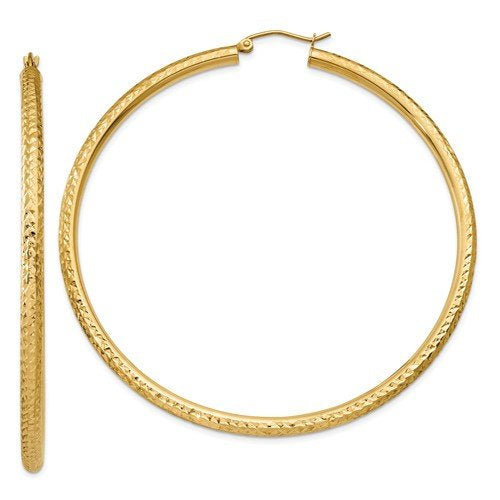 14k yellow gold 2.56 inch diameter large diamond cut round classic hoop earrings 65mm x 3mm