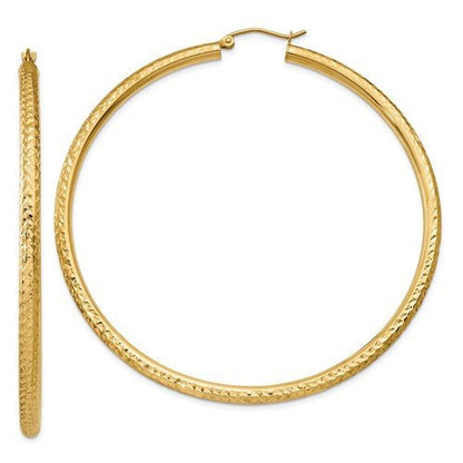 14k yellow gold 2.56 inch diameter large diamond cut round classic hoop earrings 65mm x 3mm