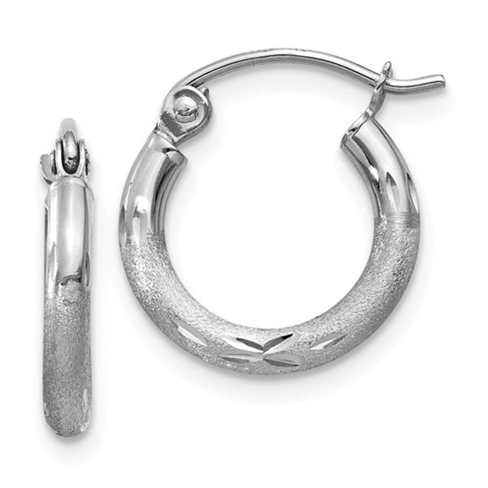 14k white gold satin diamond cut classic round hoop earrings 13mm x 2mm