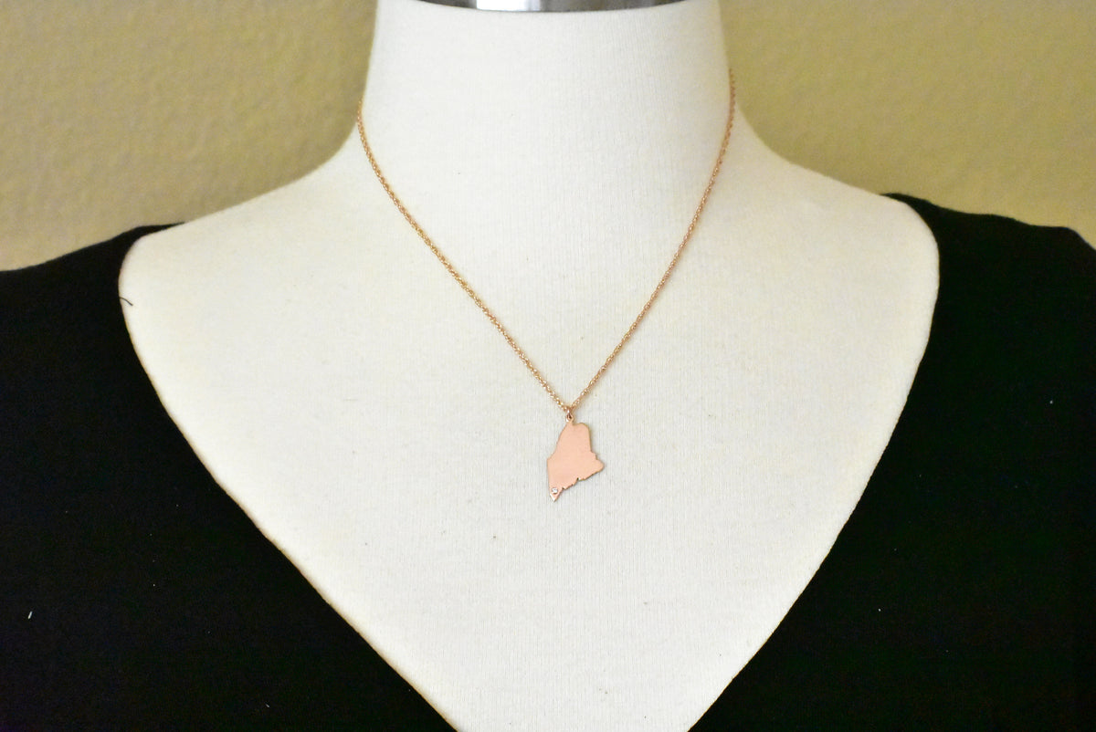 14k 10k yellow rose white gold diamond silver maine me state map personalized city necklace