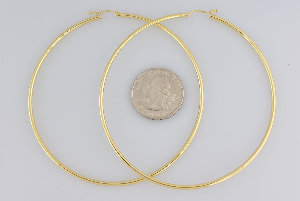 14k yellow gold extra large diameter 80mm x 2mm classic round hoop earrings 3.15 inches giant size super wide