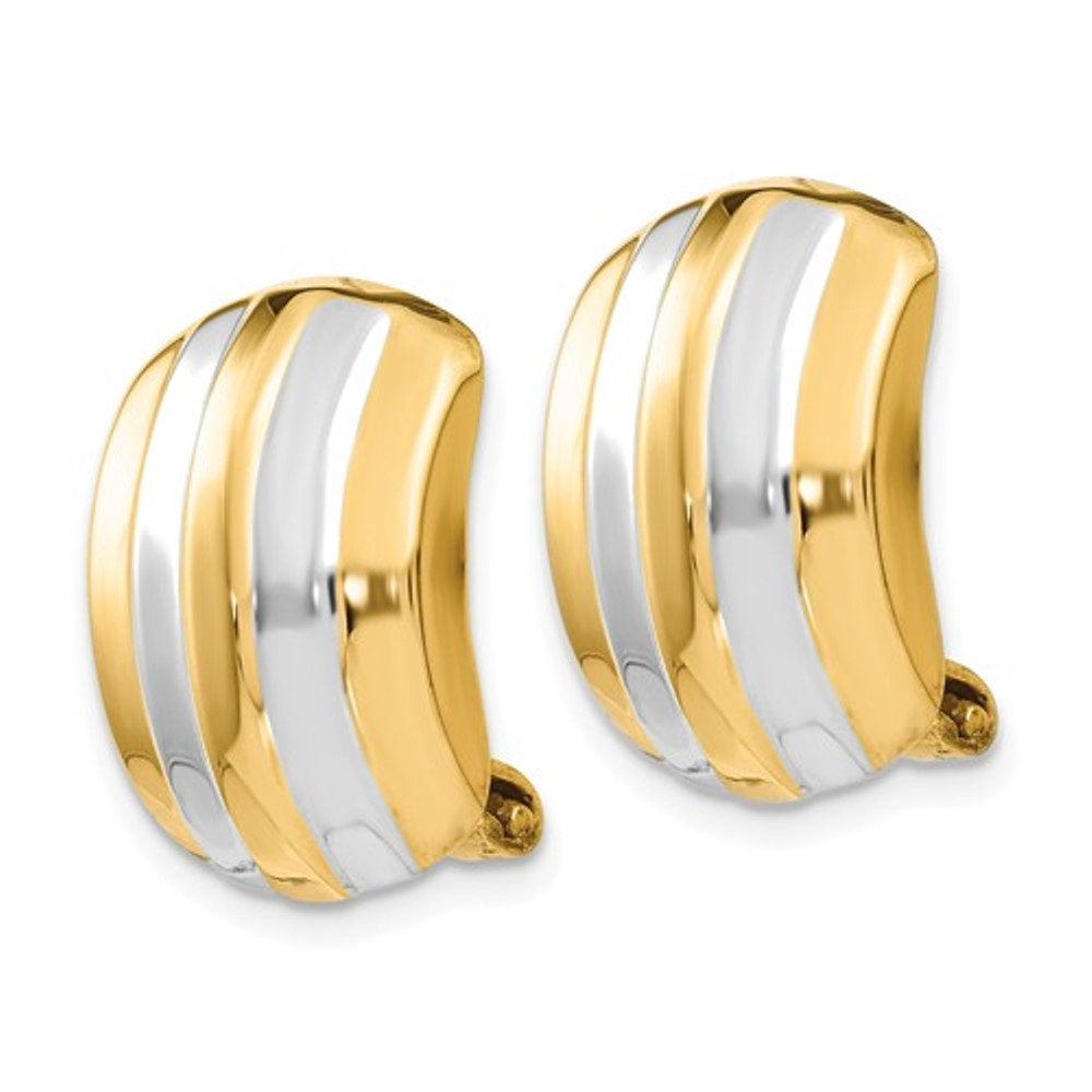 14k yellow gold rhodium two tone non pierced clip on huggie hoop earrings