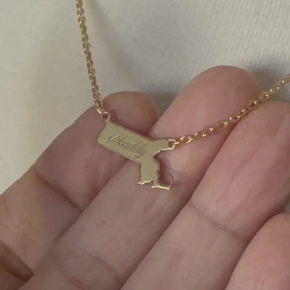 14K Gold or Sterling Silver Massachusetts MA State Name Necklace Personalized Monogram