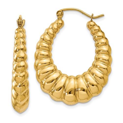 10k yellow gold shrimp scalloped twisted classic hoop earrings 30mm x 23mm